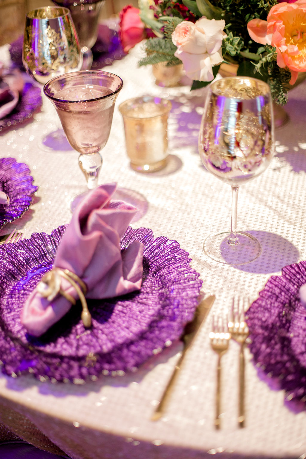 purple tabletop, wedding planning