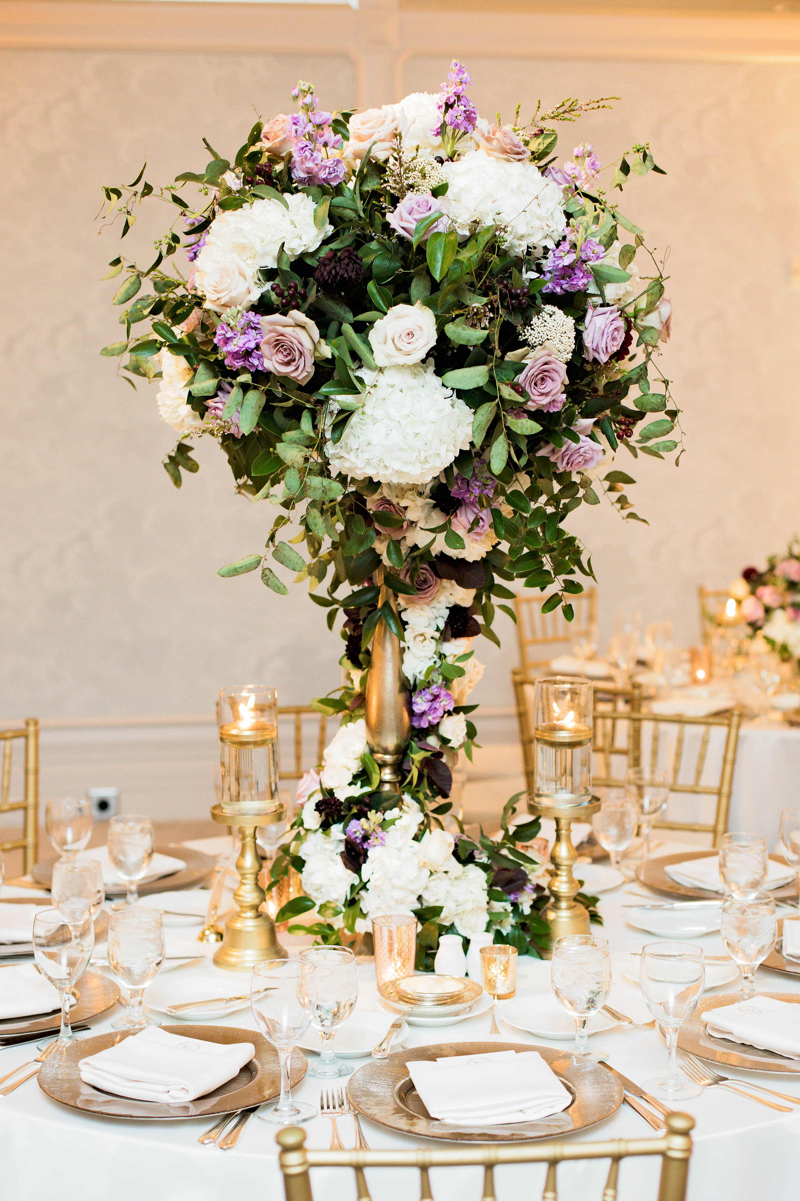 tall purple centerpiece, wedding design