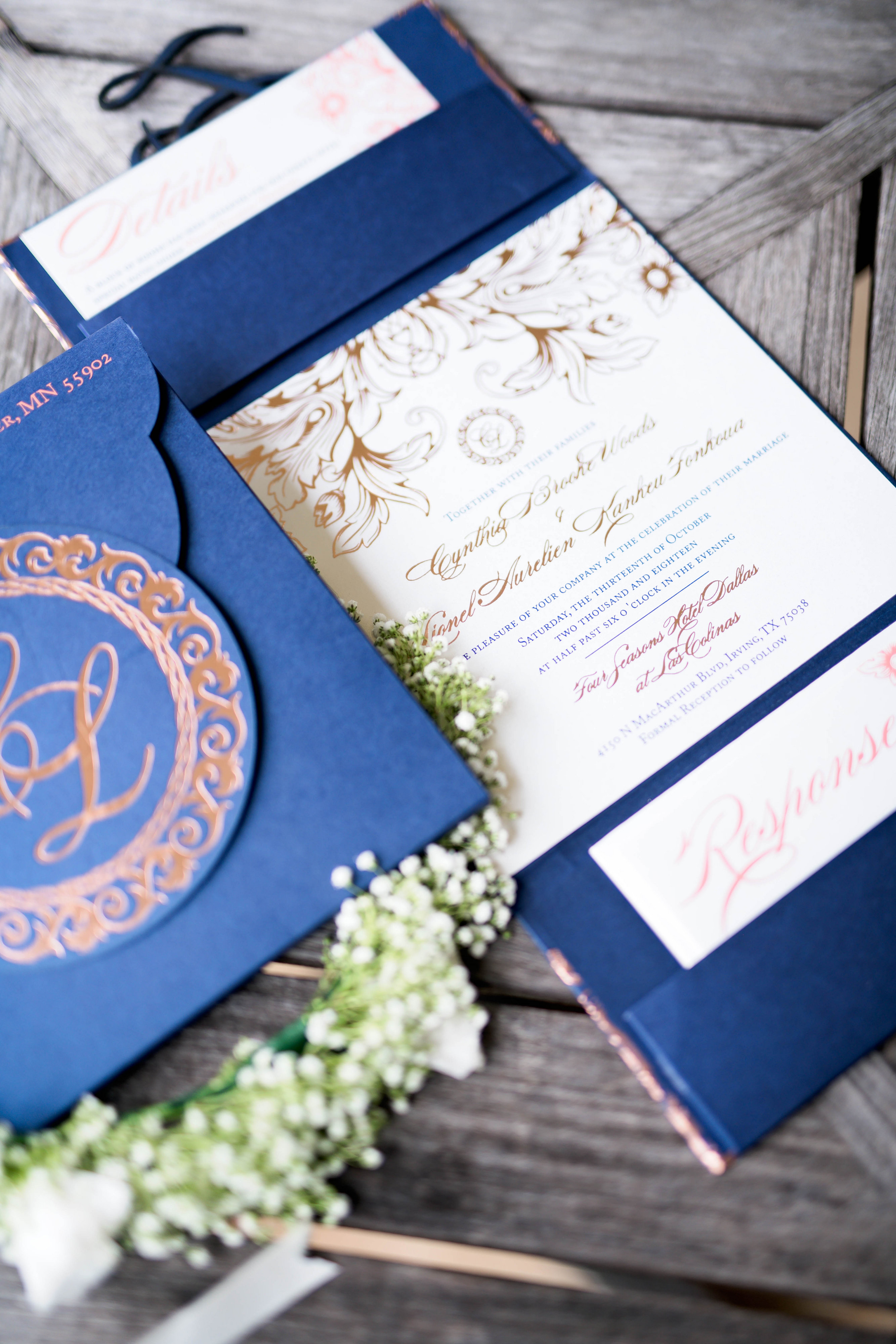 navy wedding invitation, dallas event planning