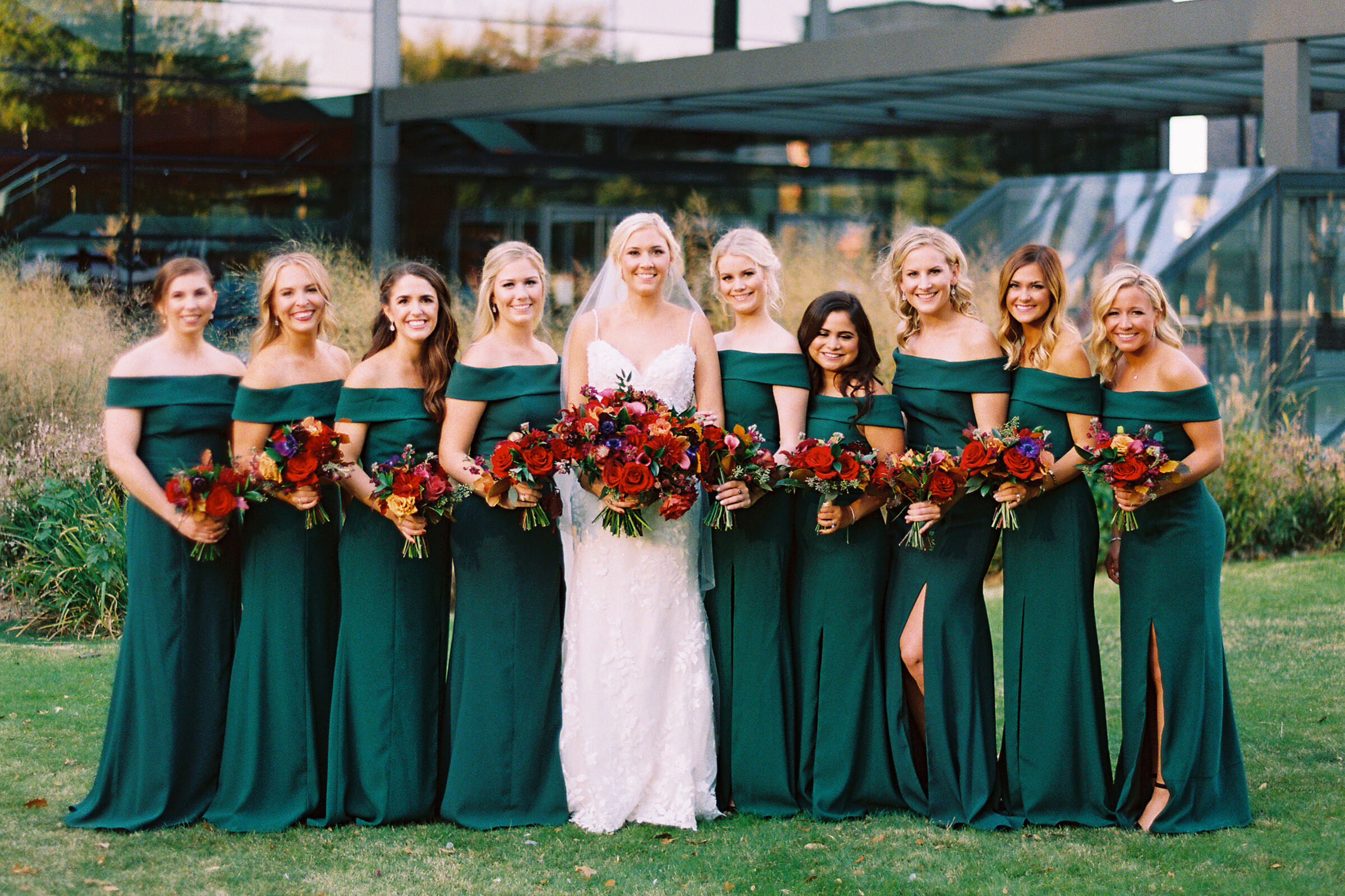 Forest green bridesmaids attire for a fall wedding