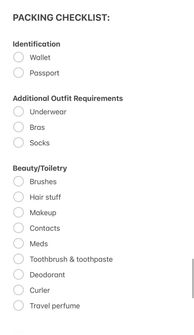 Travel guide and packing checklist