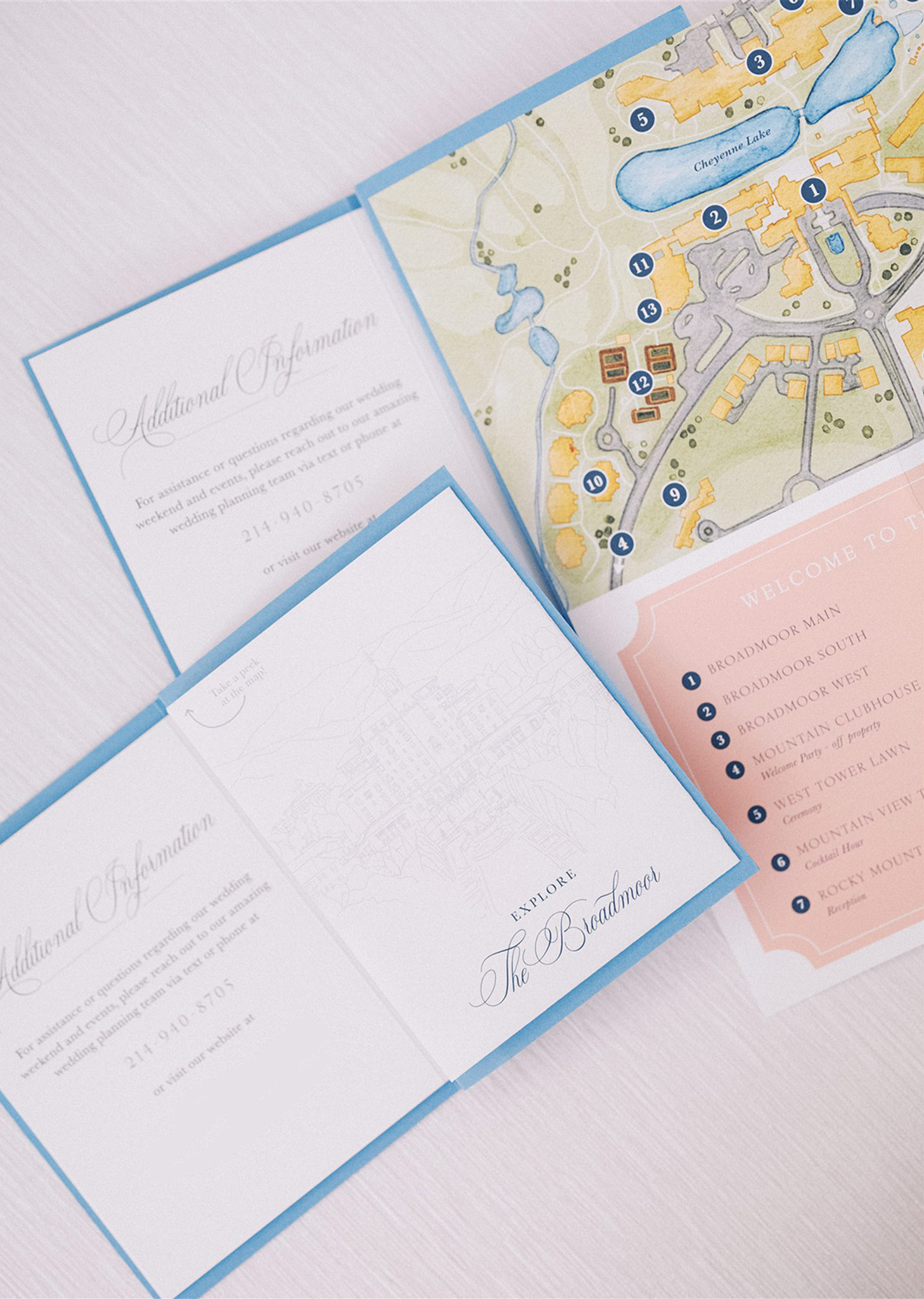 A custom watercolor map of a wedding venue included in the invitation suite.